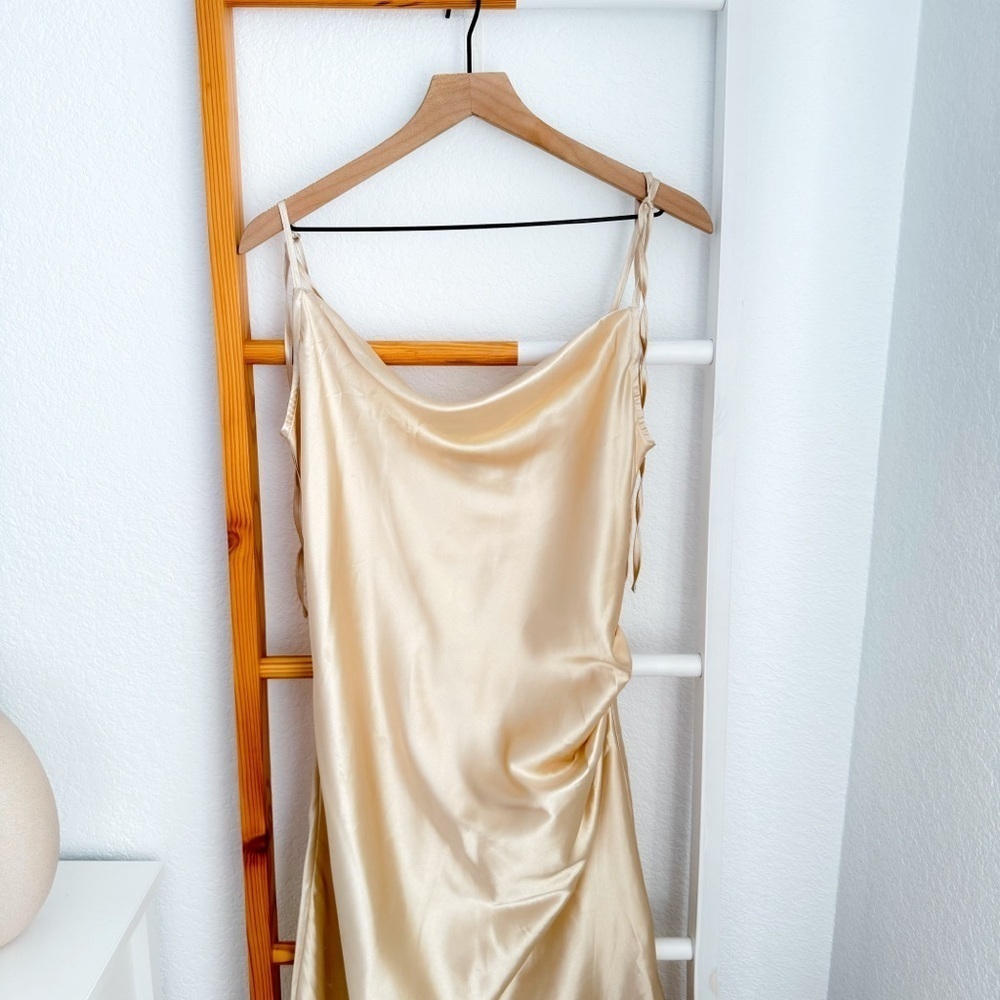 Topsix Bridesmaids Midi Slit Dress Silky Satin Gold Side Slit Cowl Neck - Picture 5 of 14